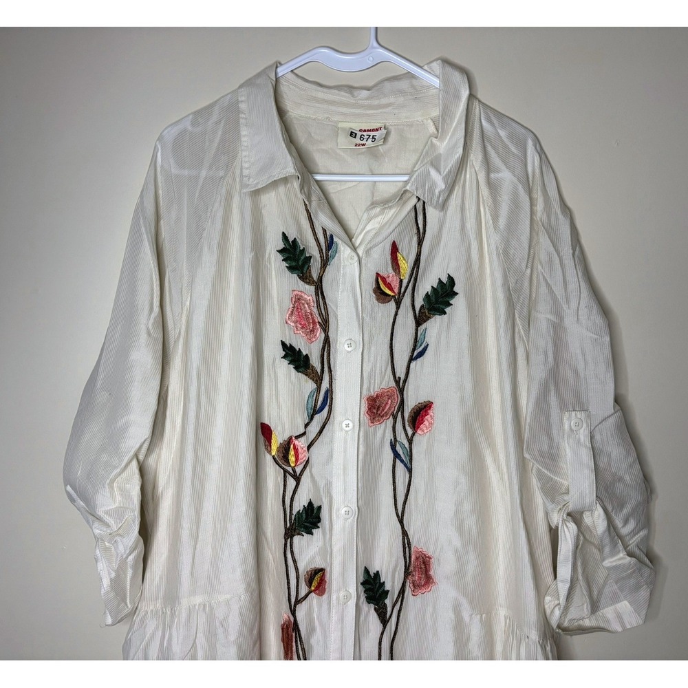 Samant Chauhan Ivory Floral Embroidered Cotton Silk Maxi Shirt Dress 22W NO BELT - Picture 3 of 13